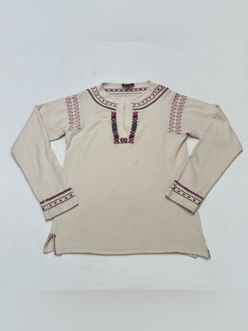 APC Knit Tunic Sweater Split Neck Boho Embroidered Peasant Pullover Sz Small